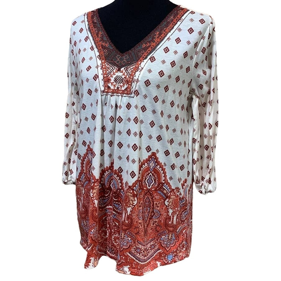 Absolutely Famous Womens Large Long Sleeve Boho Indie 3/4 Sleeve Paisley Top