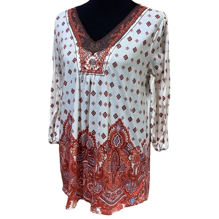 Absolutely Famous Womens Large Long Sleeve Boho Indie 3/4 Sleeve Paisley Top