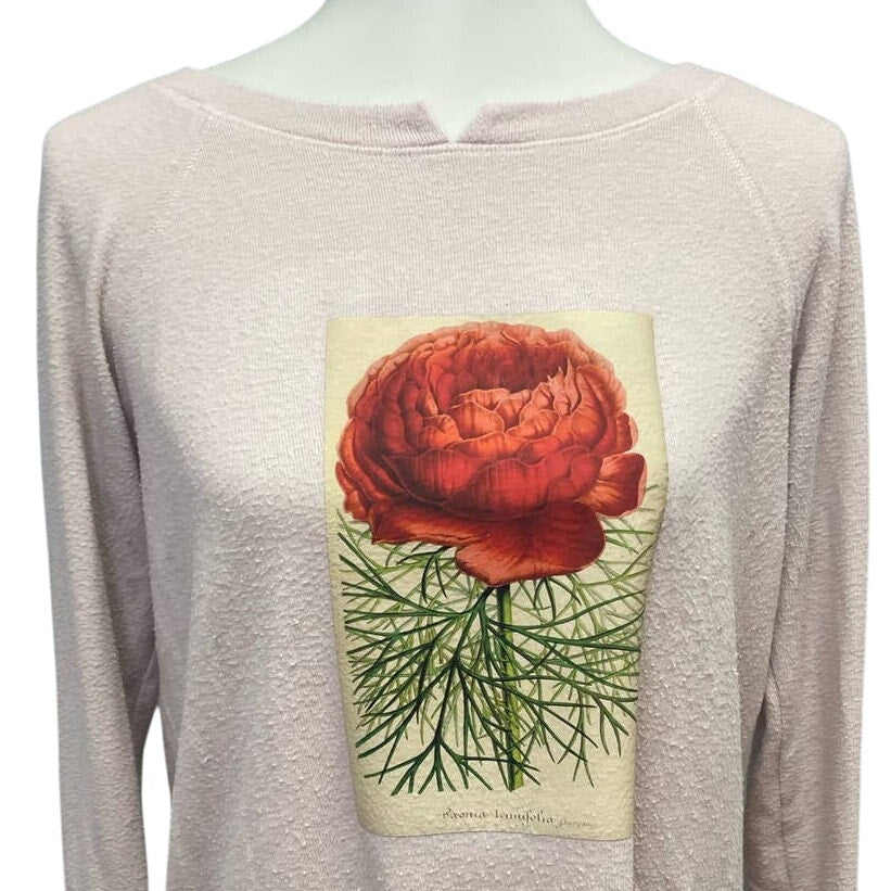 Hand Printed Upcycled Small Red Peony Flower Long Sleeve Crew Neck Sweatshirt