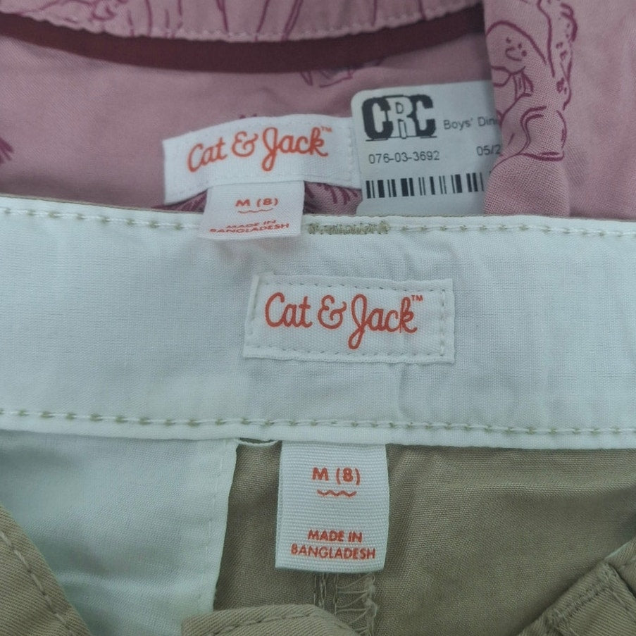 New Cat &amp; Jack Boys Medium Dinosaur Surfer Shirt w Khaki Shorts Outfit Set