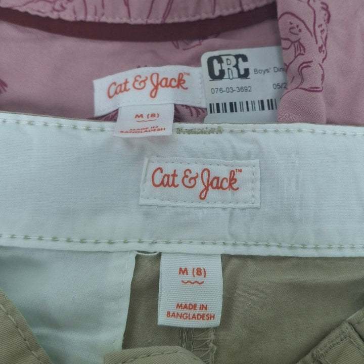 New Cat &amp; Jack Boys Medium Dinosaur Surfer Shirt w Khaki Shorts Outfit Set