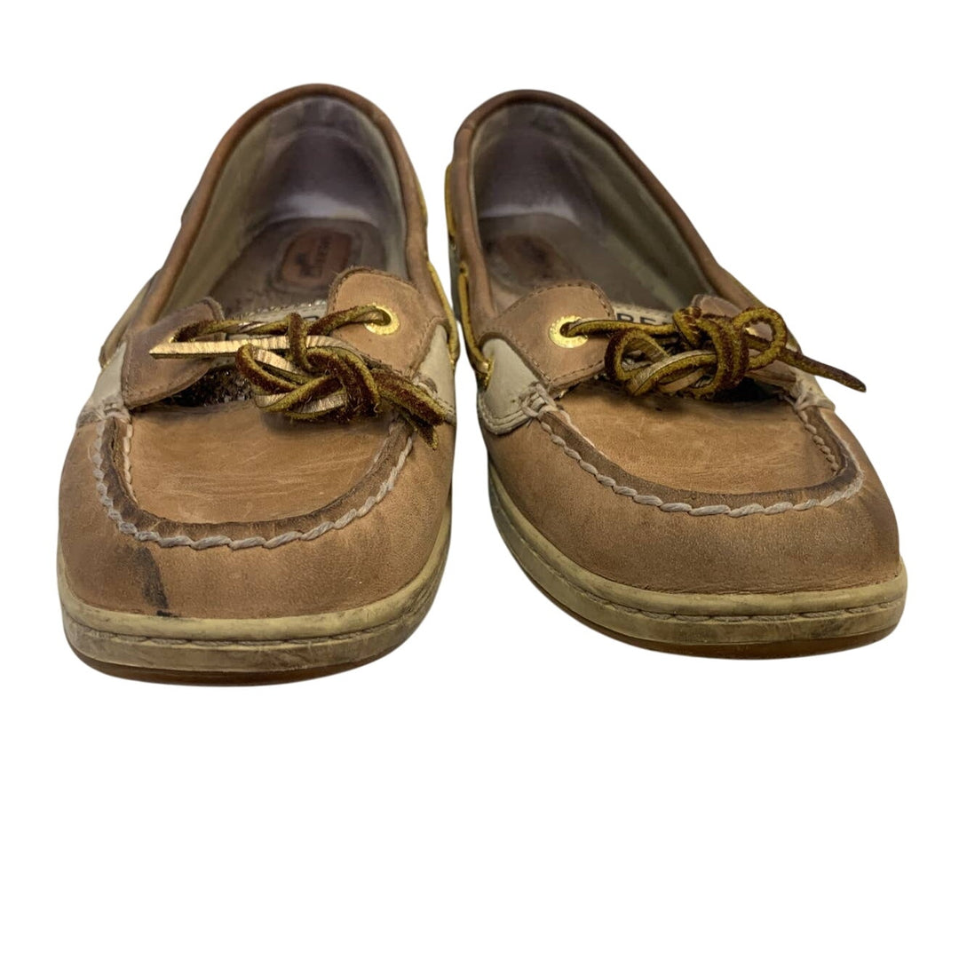 Sperry US 9.5 Sparkle Gold Tan Leather Topsiders Slip On Boat Shoes Loafers