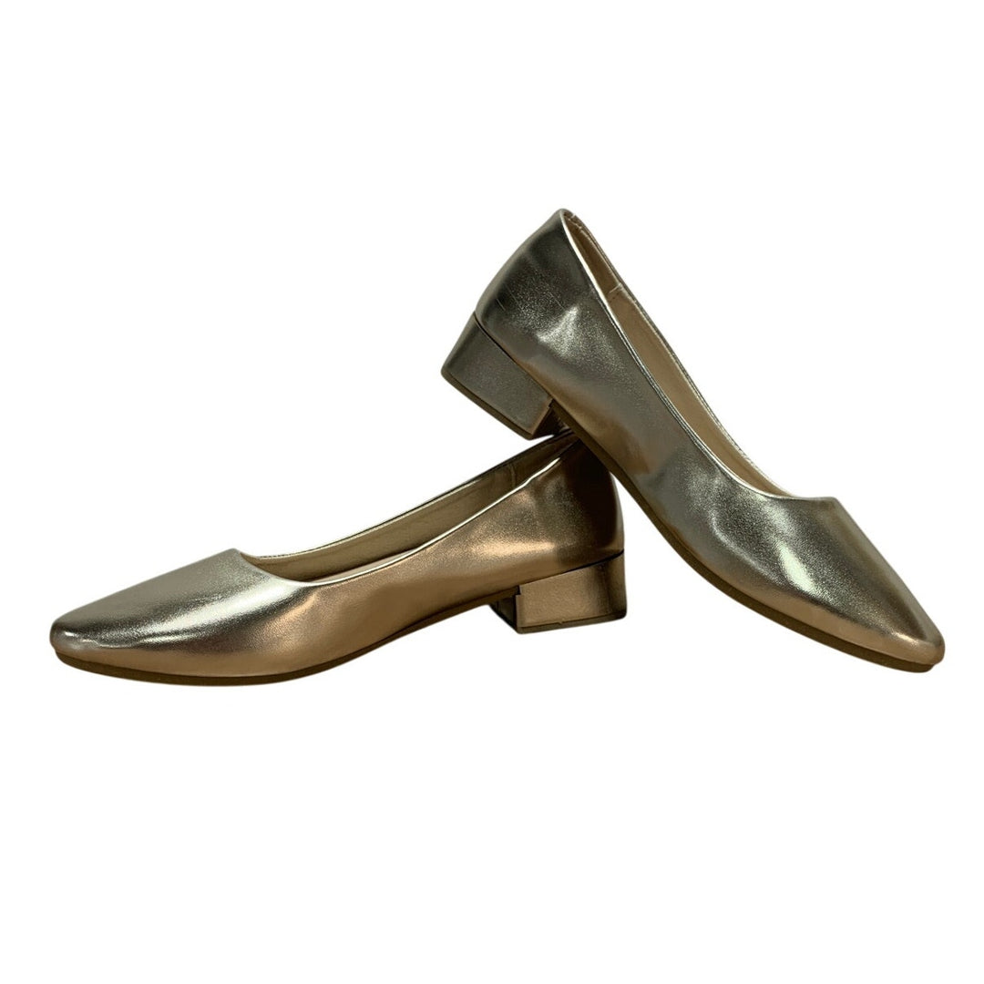 Jeekopeg Womens Size 9 Gold 1.25" Chunky Heel Round Closed Toe PU Leather Shoes
