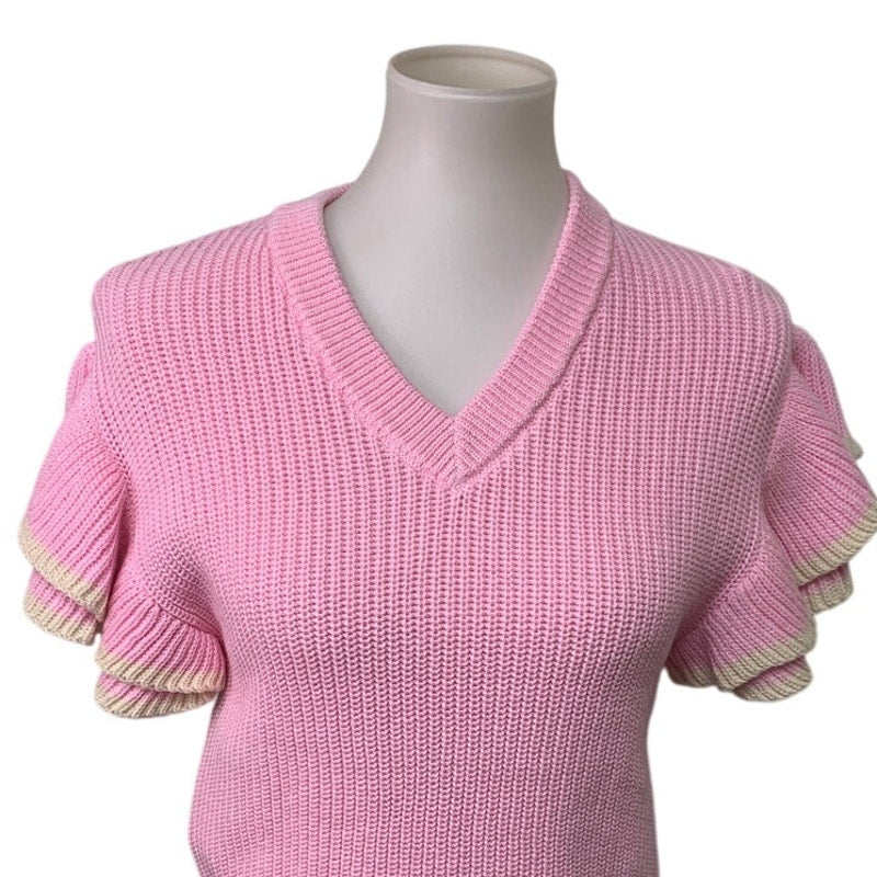New Aerie Womens Small Pink V Neck Short Ruffled Sleeve Knit Sweater Top