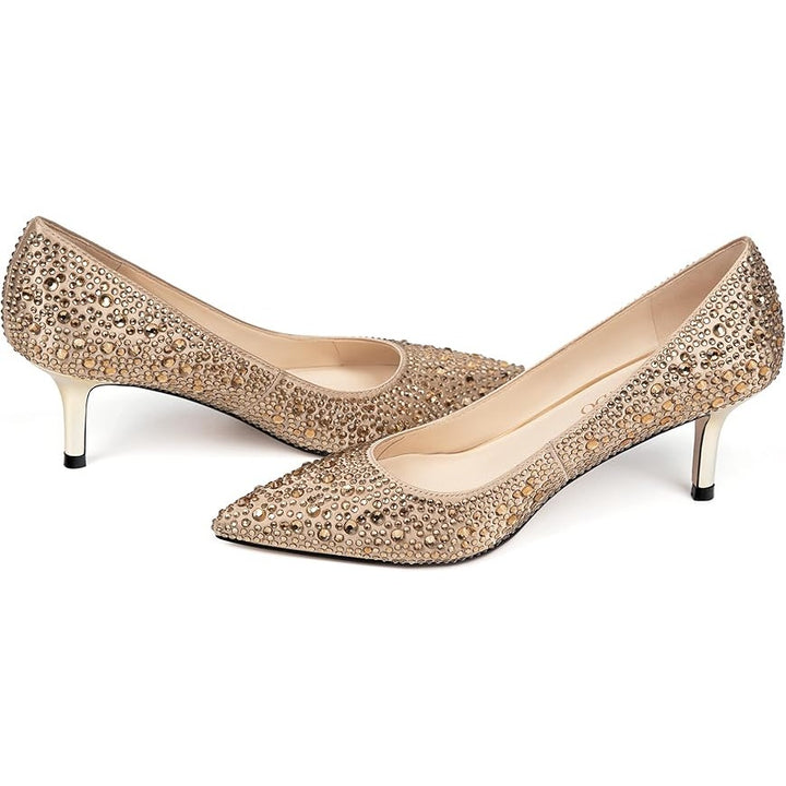 Justvindo Womens Size 8.5 Gold Satin Rhinestone 2.5" Heel Closed Point Toe Shoes