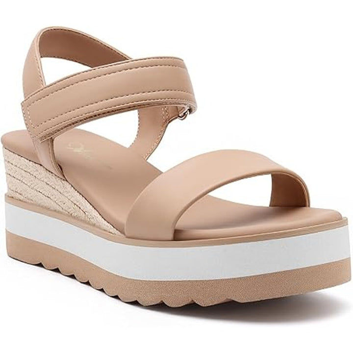 Athlefit Womens Size 6.5 Tan Hook Loop 2.5" Platform Open Toe Espadrille Sandals
