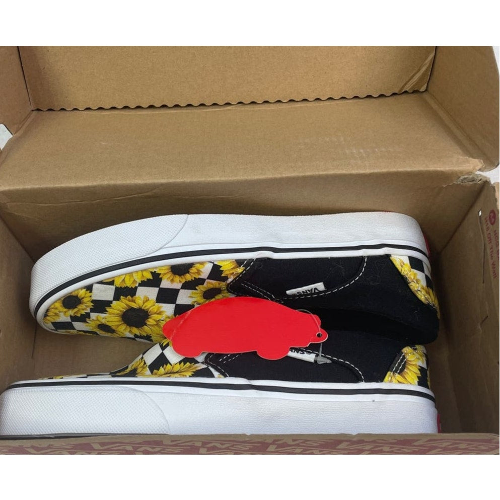 New In Box Vans Womens Size 5 Asher Sunflower Checker Slip On Loafer Shoes