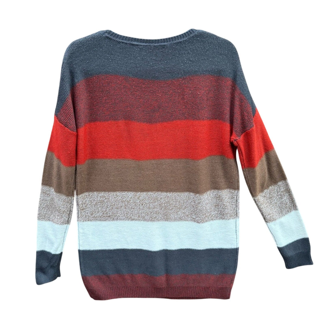 Womens Large Striped Long Sleeve Crew Neck Knit Oversized Tunic Sweater