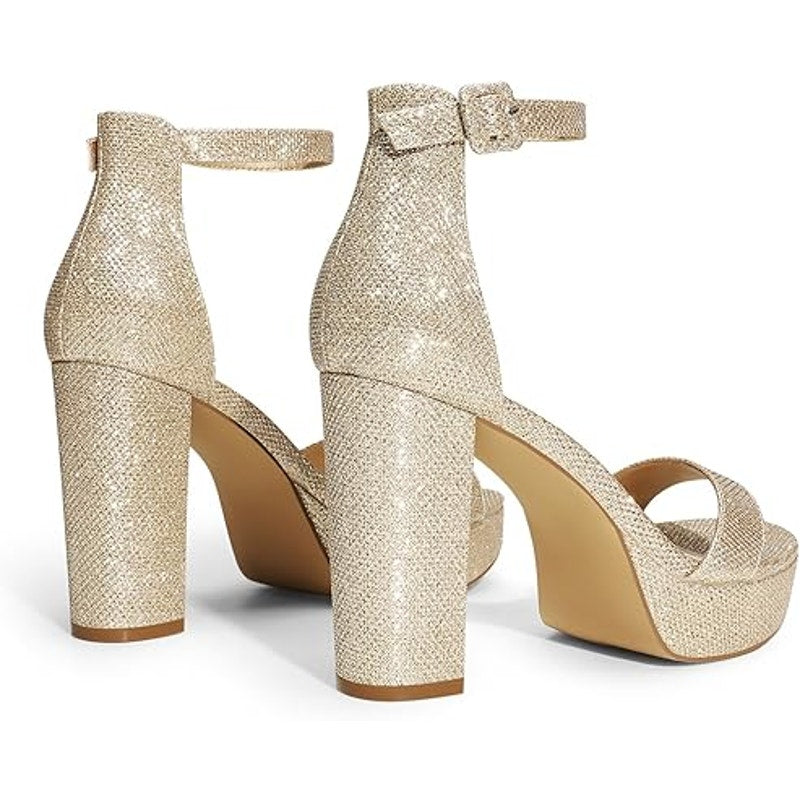 New Dream Pairs Womens 7.5 Gold Glitter Open Toe 4" Block Heel Ankle Strap Shoes