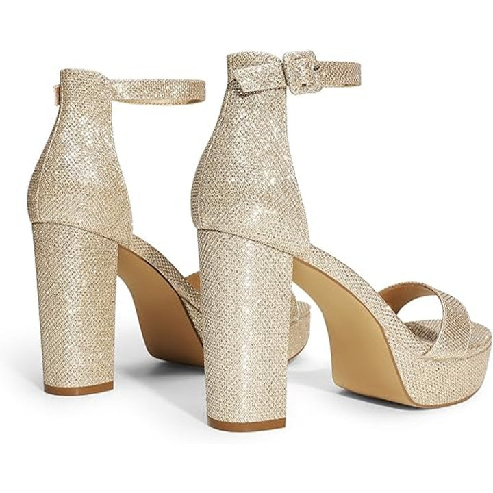 New Dream Pairs Womens 7.5 Gold Glitter Open Toe 4" Block Heel Ankle Strap Shoes