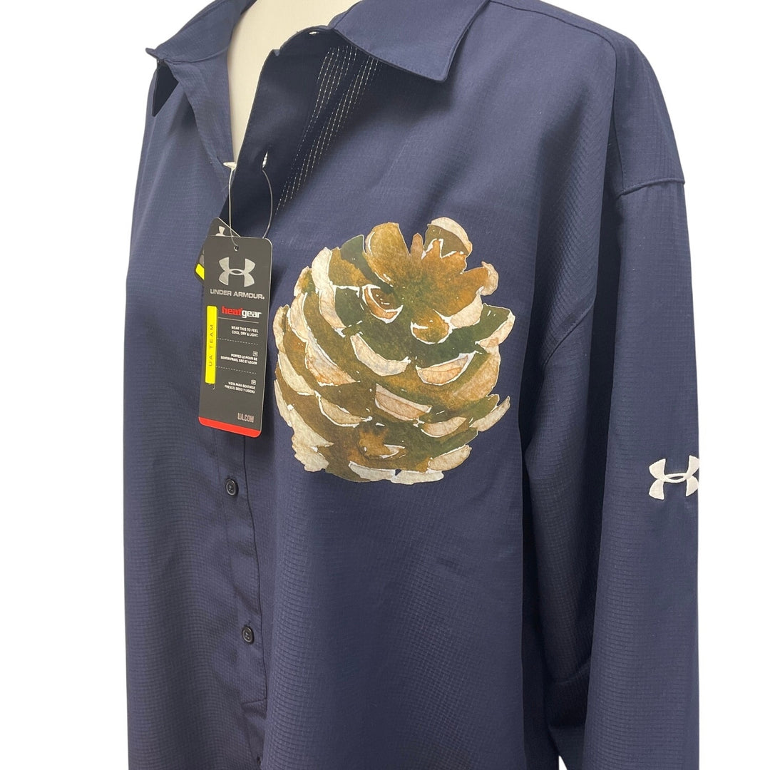 Hand Printed Mens XXL Upcycled Rustic Woody Pine Cone Long Sleeve Button Shirt