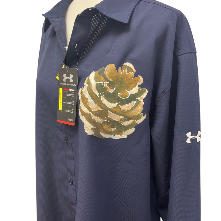 Hand Printed Mens XXL Upcycled Rustic Woody Pine Cone Long Sleeve Button Shirt