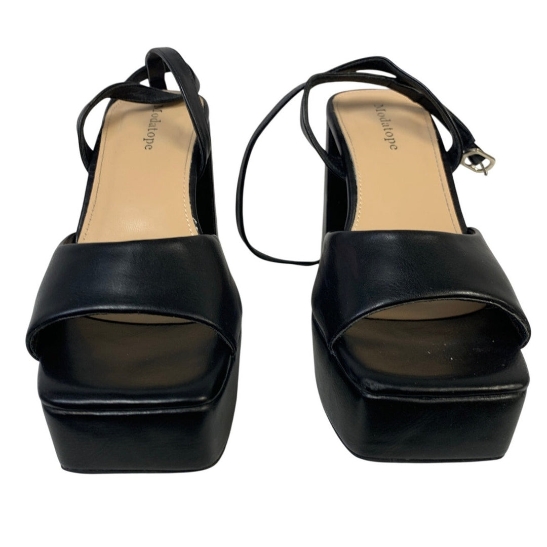 Modatope Womens 7.5 Black 5" Platform Heel Open Square Toe Ankle Strap Shoes