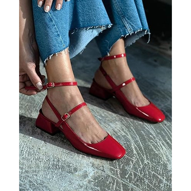 New Coutgo Womens Size 7.5 Shiny Red Mary Jane Chunky Low 1.5" Heels Shoes