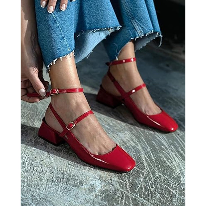 New Coutgo Womens Size 7.5 Shiny Red Mary Jane Chunky Low 1.5" Heels Shoes