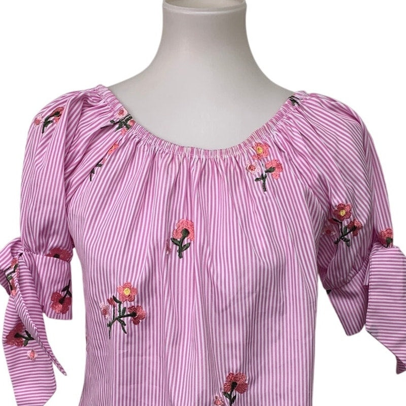 Rods Womens Small 100% Polyester Made In USA Floral Striped Short Tie Sleeve Top