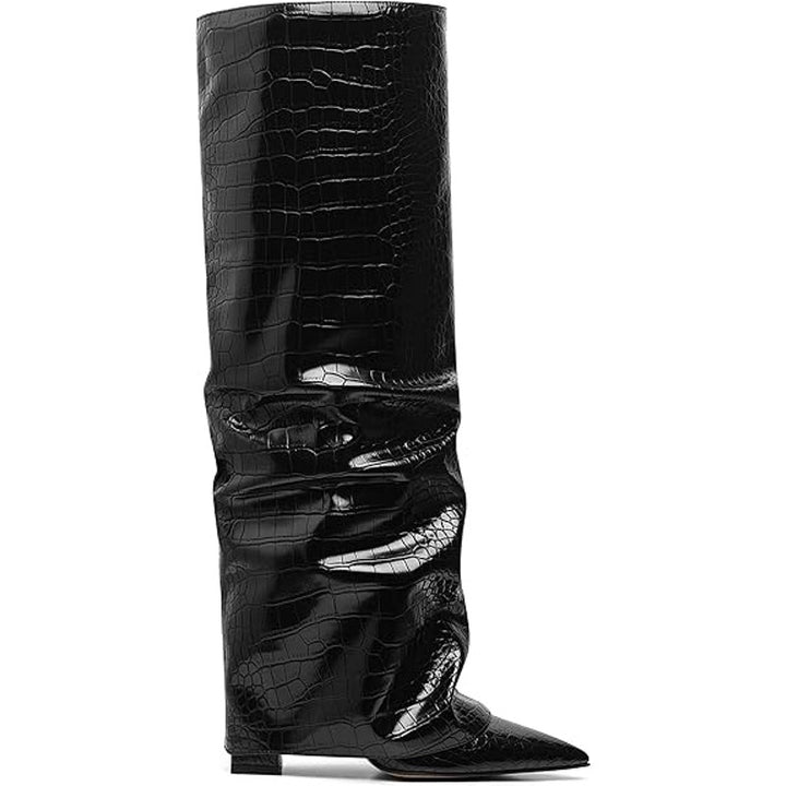 Synchoiss Womens 6 Black 4" Heel  Knee High Boots Faux Leather Foldover Shoes
