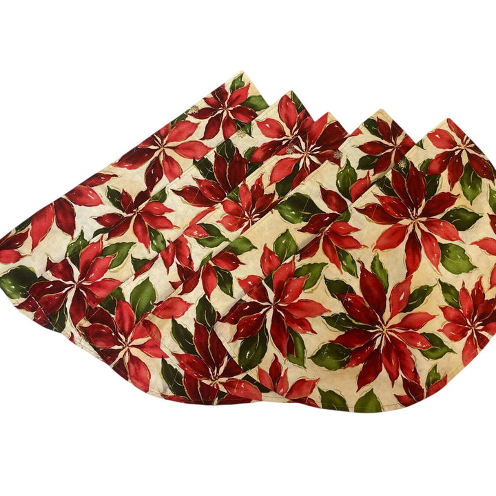 5 Handmade Half Moon Christmas Poinsettia Cotton Fabric Placemants Lace Doily
