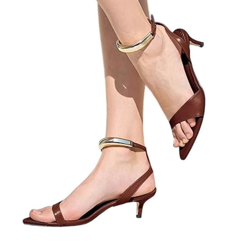 Coutgo Womens Size 9 Dark Brown 2" Low Kitten Heel Ankle Strap Open Toe Shoes