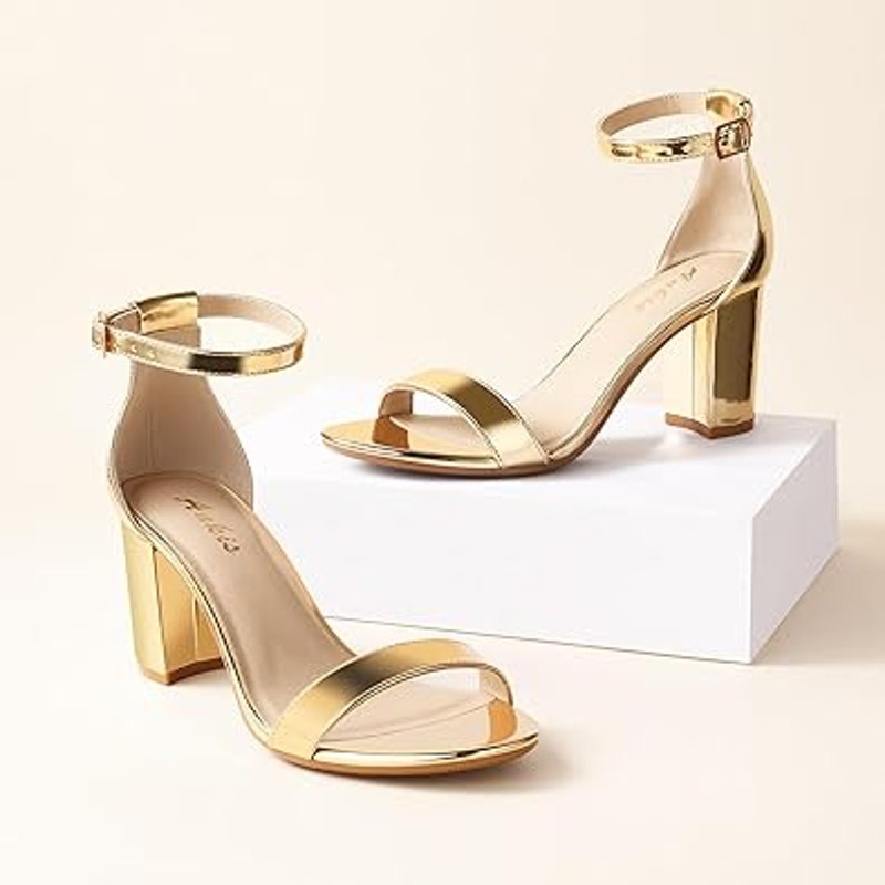 Ankis Womens Size 6.5 Gold Chunky Heel Open Toe Ankle Strap 2.75" Sandals Shoes
