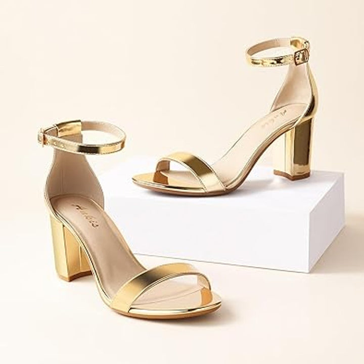 Ankis Womens Size 6.5 Gold Chunky Heel Open Toe Ankle Strap 2.75" Sandals Shoes