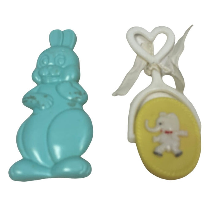 Set of 2 Vintage Plastic Shaker Elephant and Bunny Rabbit Baby Rattles Toys
