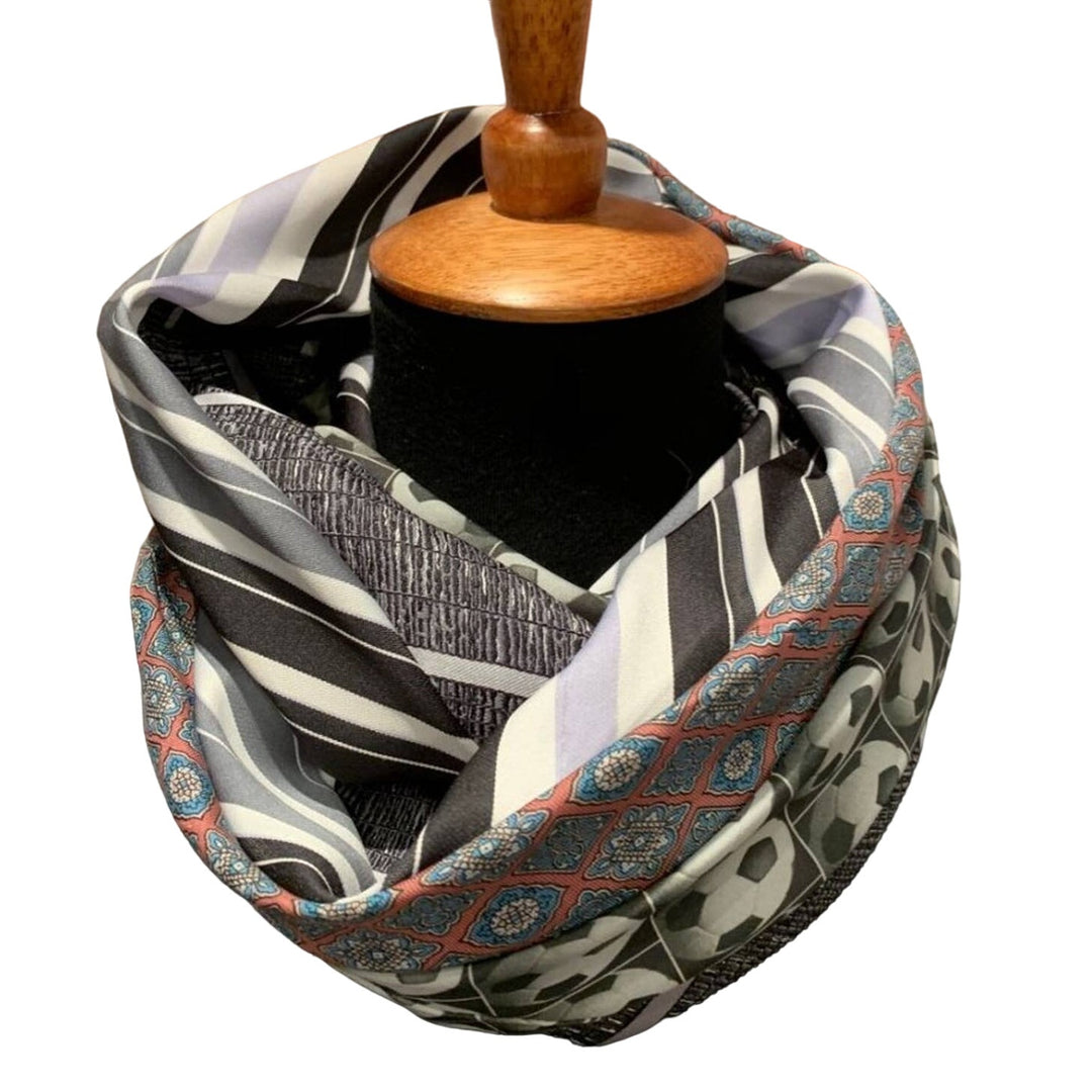 Handmade Upcycled Soccer Ball Necktie Infinity Scarf, Pink &amp; Gray