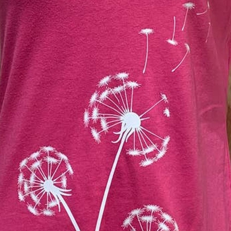 New Hand Printed Large Make A Wish Dandelion Short Sleeve PolyCotton V-Neck Tee