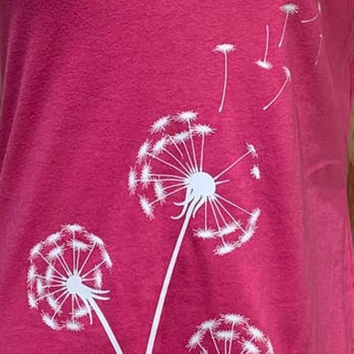 New Hand Printed Large Make A Wish Dandelion Short Sleeve PolyCotton V-Neck Tee
