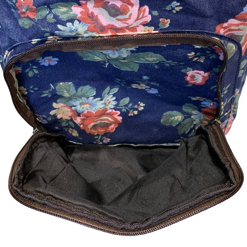 Navy Blue Pink Floral Faux Leather Trimmed Machine Washable Backpack Book Bag