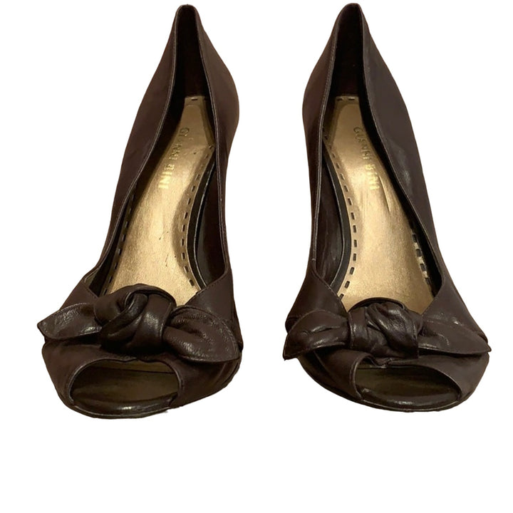 Gianni Bini US 9.5 Chocolate Brown Tied Bow Peep Toe Leather 3.5" Heels Pumps
