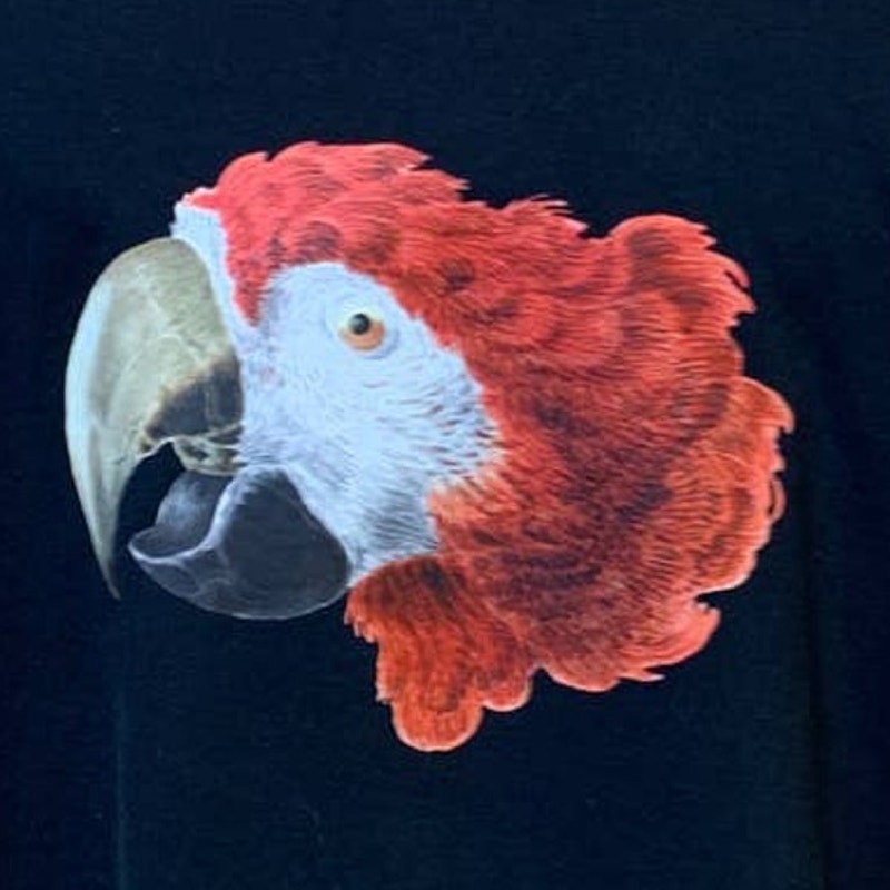 Upcycled Hand Printed Womens XL Red Macaw Parrot Ukraine Artist Fundraiser Tee