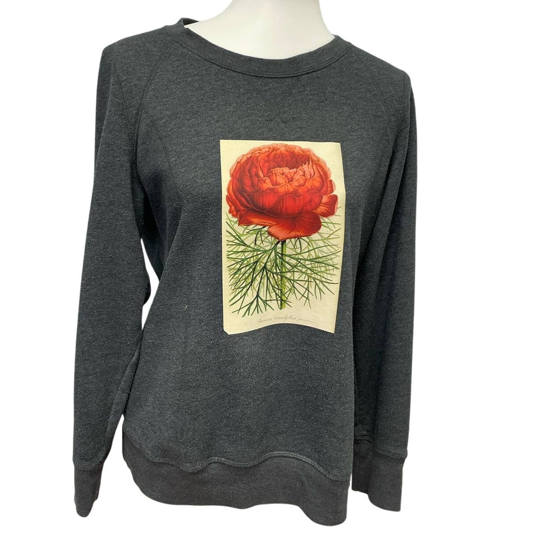 Hand Printed Upcycled Large Red Peony Flower Long Sleeve Crew Neck Sweatshirt
