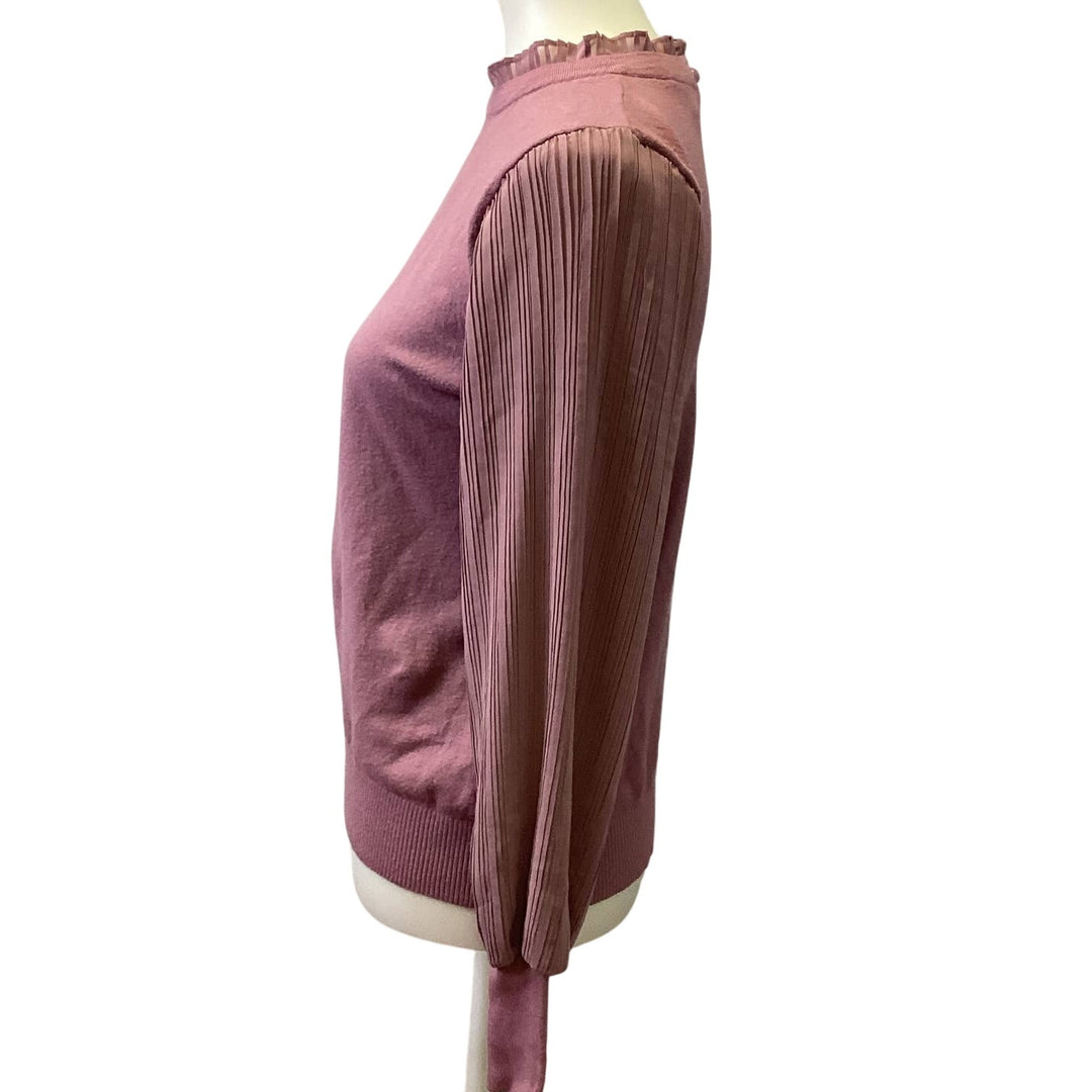 Sioni Medium Long Pleated Sleeve Crew Neck Ruffled Keyhole Back Soft Sweater