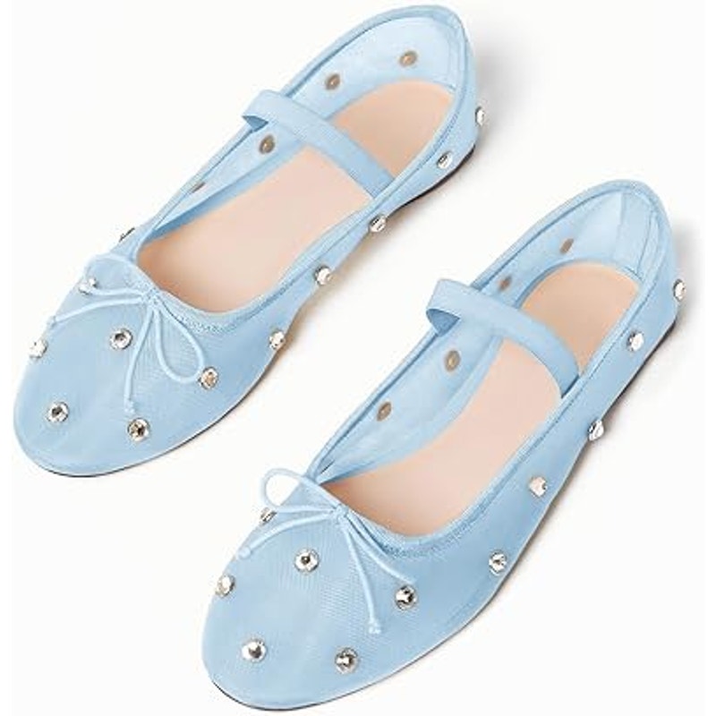 Coutgo Womens Size 8 Baby Blue Mesh Rhinestone Studded Mary Jane Ballet Flats