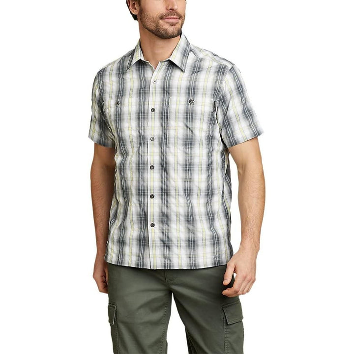 New Eddie Bauer Mens Gray Yellow Plaid Short Sleeve Rainier 2.0 UPF 50+ Shirt