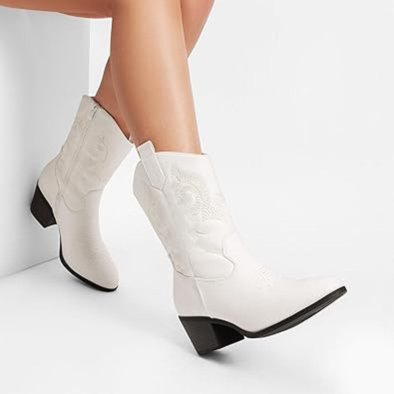 Dream Pairs Womens 8 White Faux Leather Mid Calf Cowgirl 2.5" Heel Boot Shoes