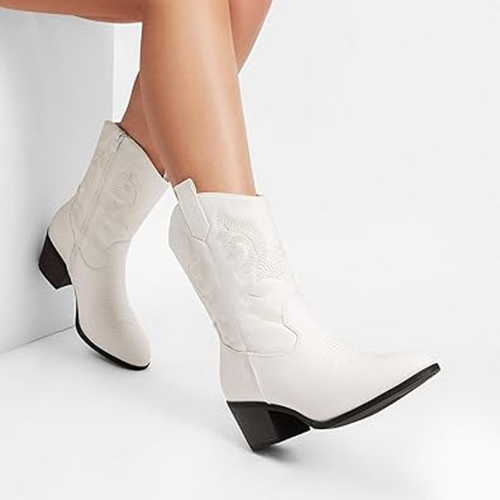 Dream Pairs Womens 8 White Faux Leather Mid Calf Cowgirl 2.5" Heel Boot Shoes