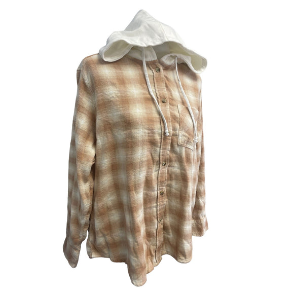 New Time and Tru Womens Large Long Sleeve Plaid Flannel Cotton Blend Hoodie