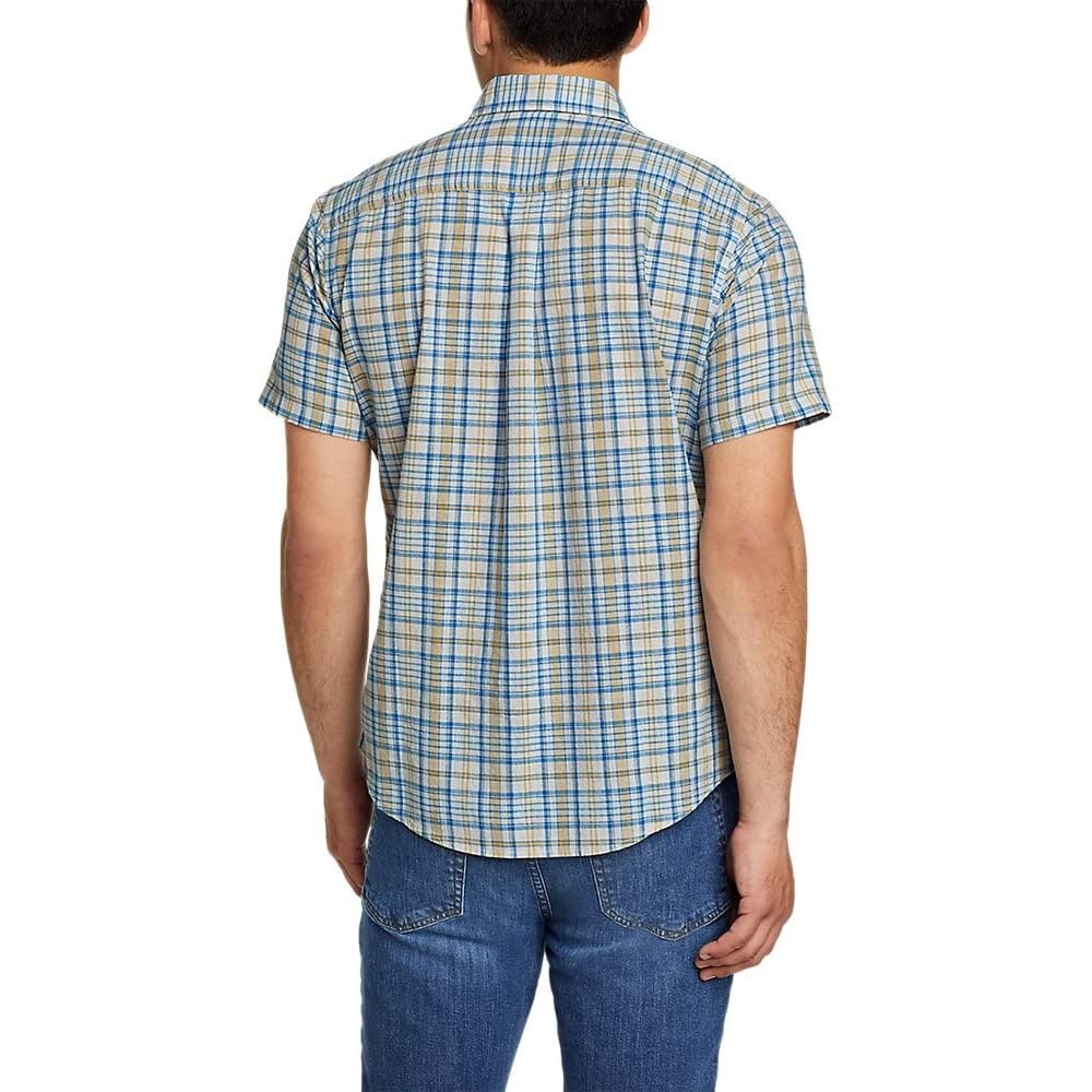 New Eddie Bauer Mens Small Blue Gold Plaid Short Sleeve Button Down Casual Shirt