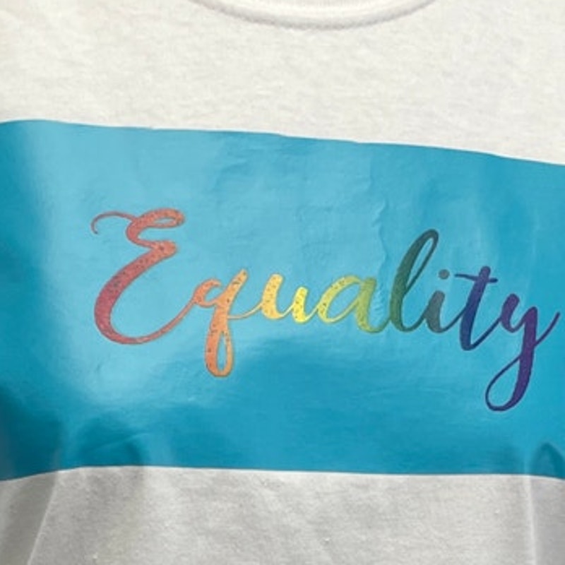 New Hand Printed Upcycled Womens Small Rainbow Equality Short Sleeve Tee Shirt