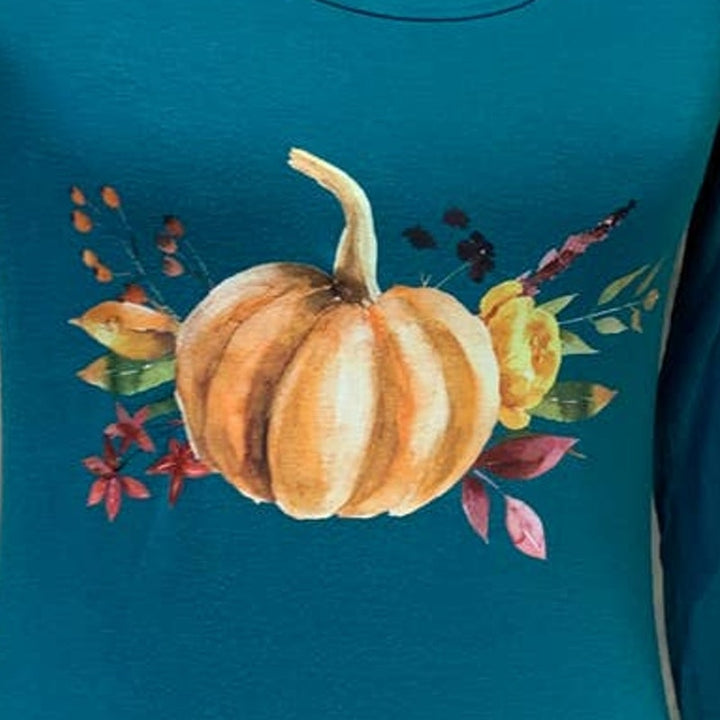 Hand Printed Small Upcycled Pumpkin Autumn Fall Flower Long Sleeve Tee T-Shirt