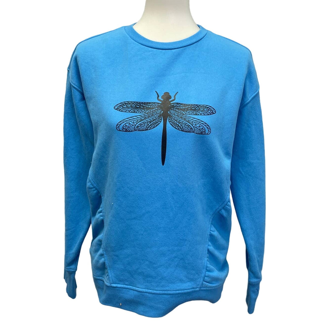 New Hand Printed Womens Small Blue Dragonfly Sweatshirt w Thumb Holes