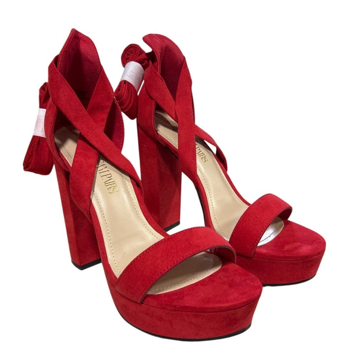 Dream Pairs Womens 8 Red Faux Suede 5" Platform Heel Open Toe Ankle Wrap Shoes
