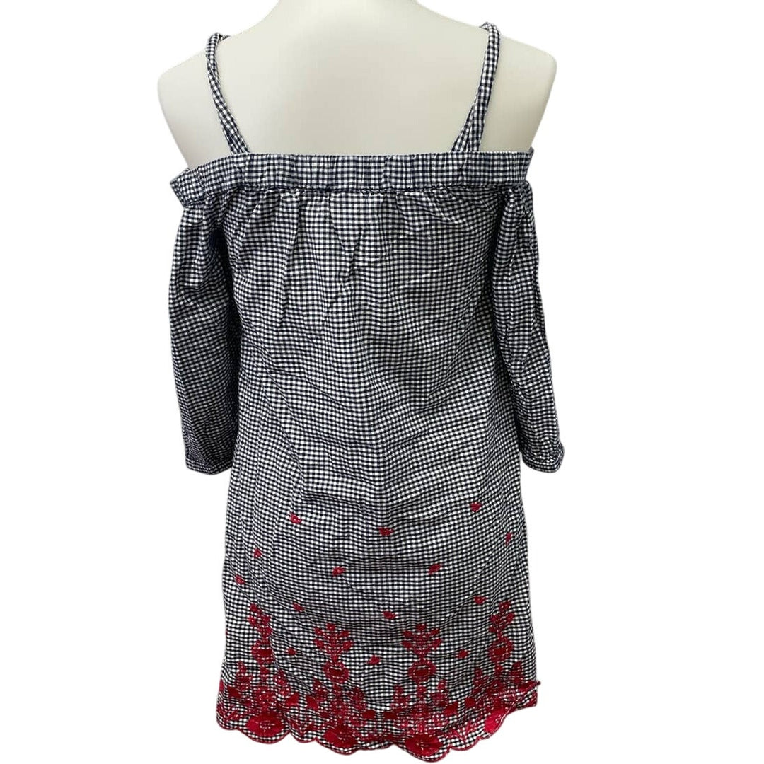Westport XS Off Shoulder Strappy Gingham Embroidered Flower Long Sleeve Dress
