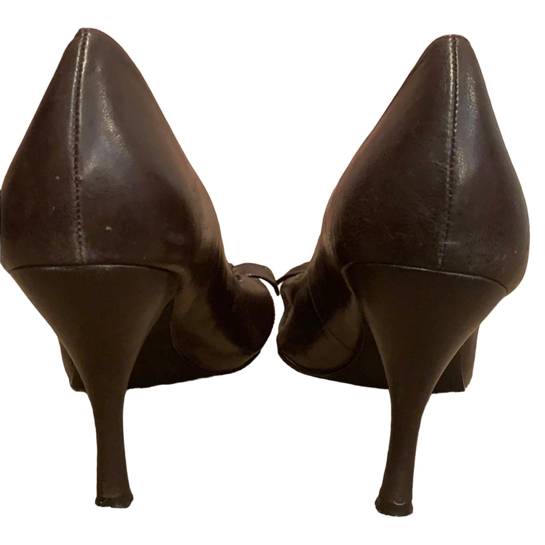Gianni Bini US 9.5 Chocolate Brown Tied Bow Peep Toe Leather 3.5" Heels Pumps