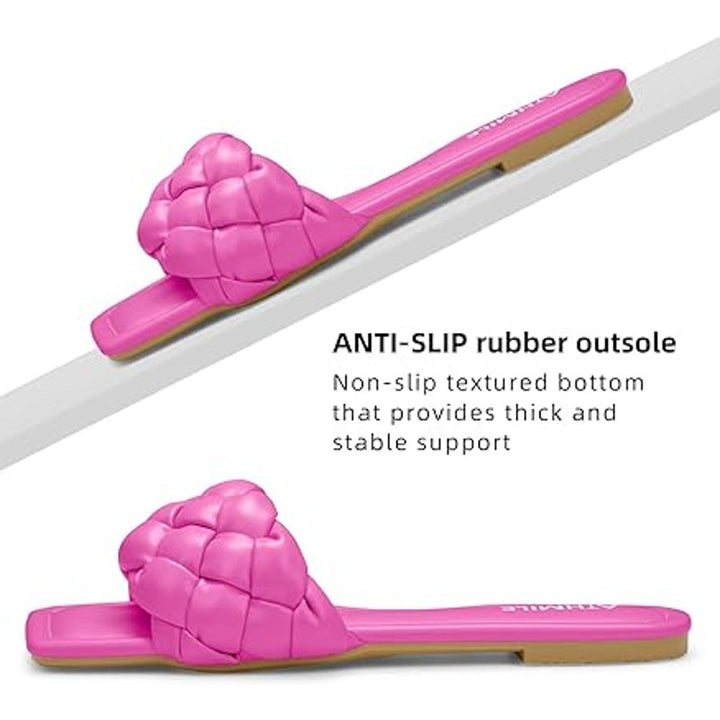 Athmile Womens Size 7 Hot Pink Braided Open Toe Slide On Dressy Beach Sandals