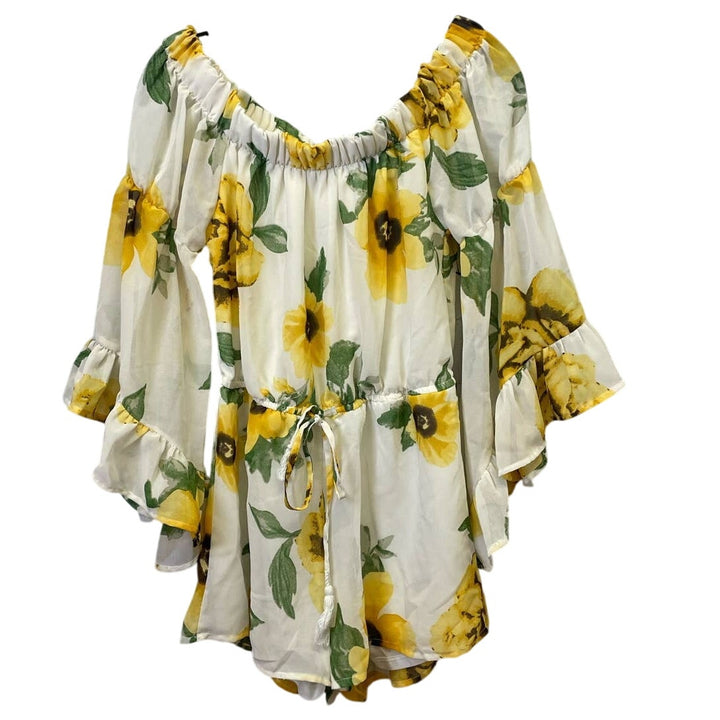 Hint of Blush Small Off Shoulder Sunflower Ruffled Bell Sleeve Polyester Romper