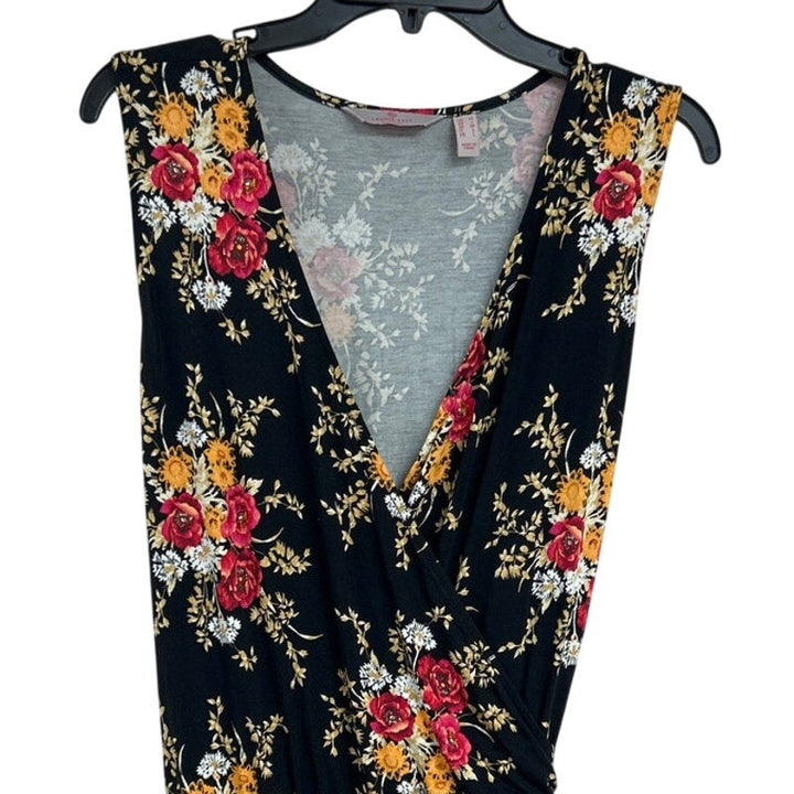 Laurie Felt Womens Medium Black Deep V Floral Sleeveless Jumpsuit w Tie Belt