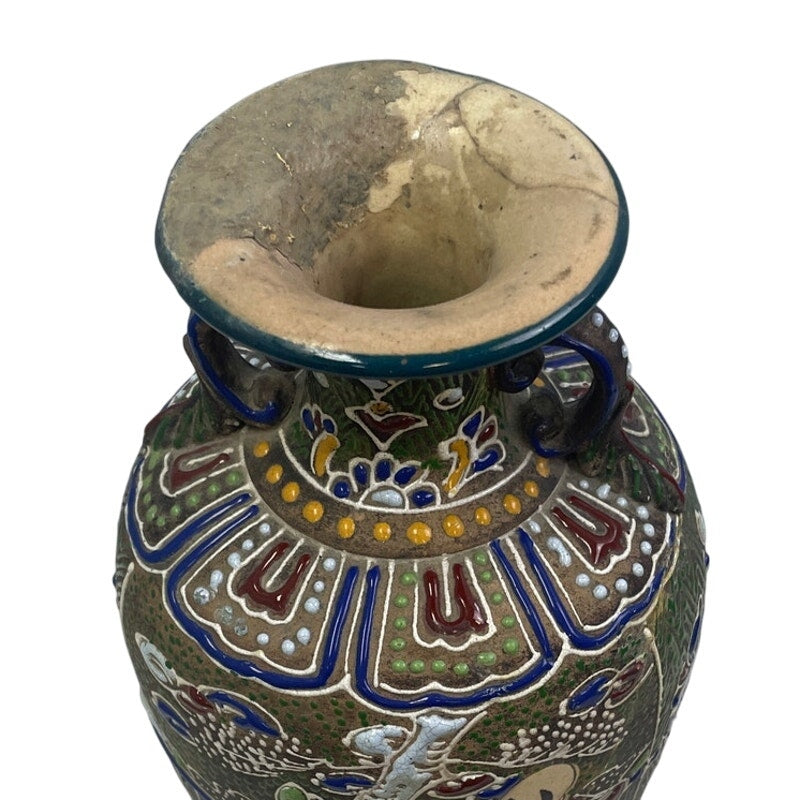 Vintage Ceramic Asian Couple Painted Mosaic Double Handle Crack Repair Vase